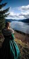 Viking woman gazing over a serene fjord landscape photo