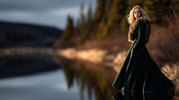 Viking woman in emerald gown by serene lakeside at dusk photo