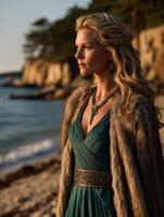 Viking woman standing on a beach during sunset near cliffs photo