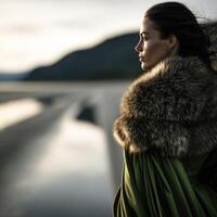 Viking woman in a lush landscape with a fur-lined cloak at sunset photo