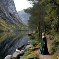 Viking woman standing near a tranquil lake surrounded by mountains photo