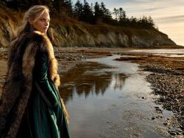 Viking woman stands by the shoreline in a tranquil sunset setting photo