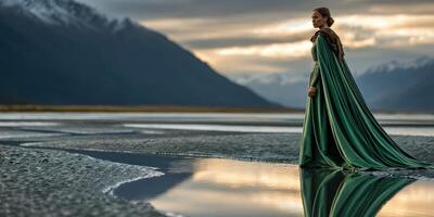 Viking woman in a green cloak standing by a serene lake at sunset photo
