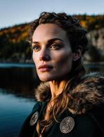 Viking woman stands by a serene lake during golden hour photo