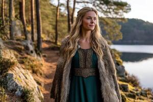 Viking woman walking along a lake shore in a forest setting photo