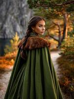 Viking woman in traditional attire walking through a forested path photo