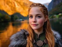 Viking woman stands by the fjord with majestic mountains in backdrop photo
