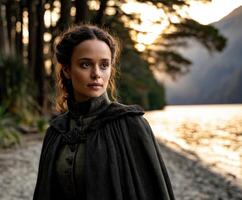 A woman in a cloak standing next to a lake photo