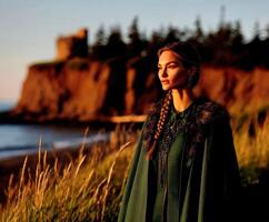 A woman in a green cloak standing near the ocean photo