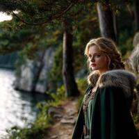 A woman in a green cloak standing near a lake photo