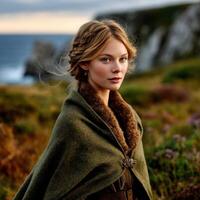 A young woman in a cloak standing in front of the ocean photo