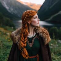 A woman with red hair in a green dress standing in front of a mountain photo