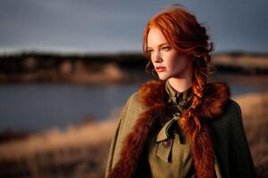Viking woman stands by river during golden hour in nature photo