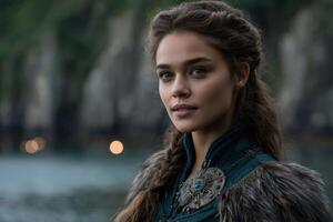 Viking woman stands near water with dramatic cliffs in background photo