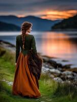 Viking woman in traditional dress by the tranquil fjord at sunset photo