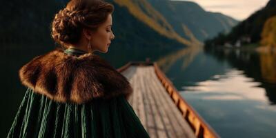 Viking woman in green cloak stands by serene fjord at sunset photo