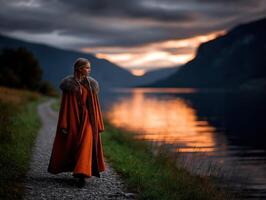 Viking woman strolls by a serene lake at sunset in mountainous terrain photo