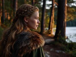 Viking woman in tranquil forest by the lake at golden hour photo