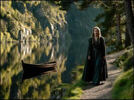 Viking woman walks along the shore of a tranquil lake in peaceful nature photo