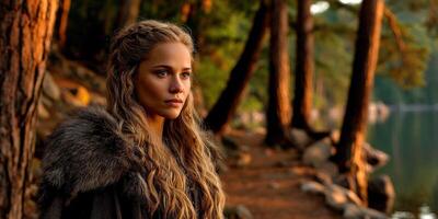 Viking woman standing near a lake surrounded by tall trees at sunset photo