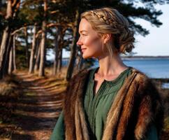 Viking woman walking along a forest path near a tranquil lake photo
