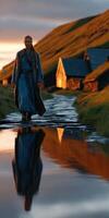 Viking woman walking by a reflective stream during sunset in a village photo