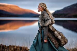 Viking woman in fur attire walking by a serene lake at dusk photo