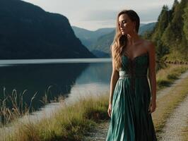 Viking woman standing by a serene lake surrounded by mountains photo