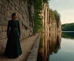 Viking woman standing by a serene lake with stone cliffs in the background photo