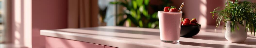 Refreshing protein shake on a light pink counter in bright daylight photo