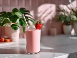 Refreshing pink protein shake topped with a strawberry in a bright kitchen photo