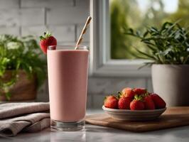 Refreshing strawberry protein shake with fresh berries and greenery photo