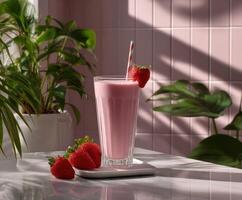 Refreshing strawberry protein shake served in a glass on a sunny day photo