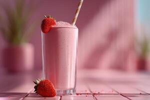 Delicious strawberry protein shake in a chic pink setting photo