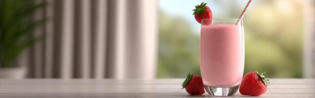 Delicious protein shake with fresh strawberries on a wooden table photo