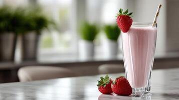Refreshing protein shake with strawberries on a bright countertop photo