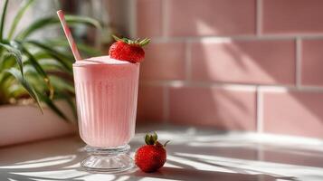 Refreshing protein shake with strawberries in a bright kitchen photo