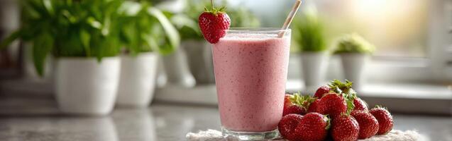 Delicious protein shake with fresh strawberries on a countertop photo