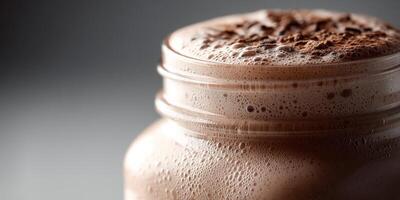 Protein shake topped with cocoa powder in a clear glass jar photo