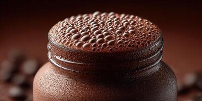 Delicious chocolate protein shake in a glass jar with bubbles photo