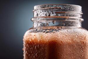 Refreshing protein shake in a glass jar with condensation photo