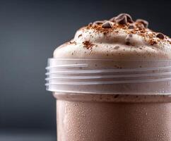 Protein shake topped with cocoa and chocolate chips in a clear cup photo