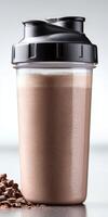 Protein shake in a shaker bottle with chocolate flavor photo