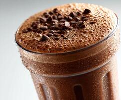 Refreshing protein shake topped with chocolate chunks and foam photo