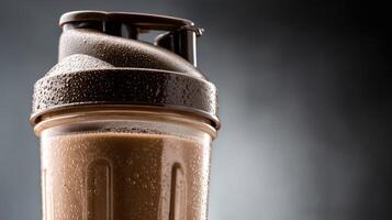 Protein shake in shaker cup with condensation on a dark background photo