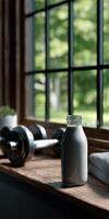 Protein shake on a wooden table next to dumbbells and a towel photo
