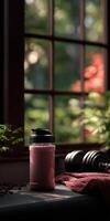 Refreshing protein shake on a workout table with natural light photo