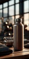 Protein shake bottle on a wooden surface in a gym setting photo