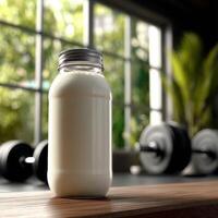Protein shake in a glass jar on wooden surface near weights photo