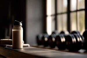 Protein shake on a gym bench with weights in the background during dawn photo
